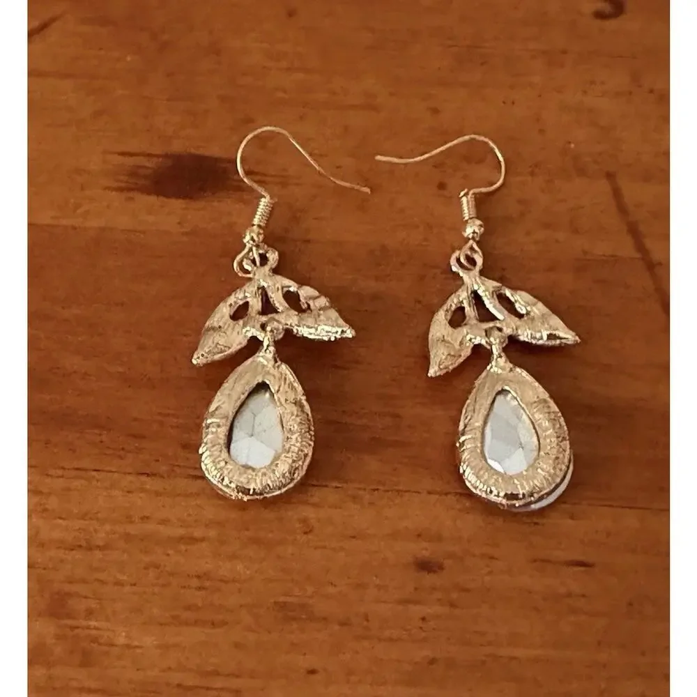 Crystal Teardrop Dangle Earrings Gold Tone Leaf Bridal Wedding Prom Formal